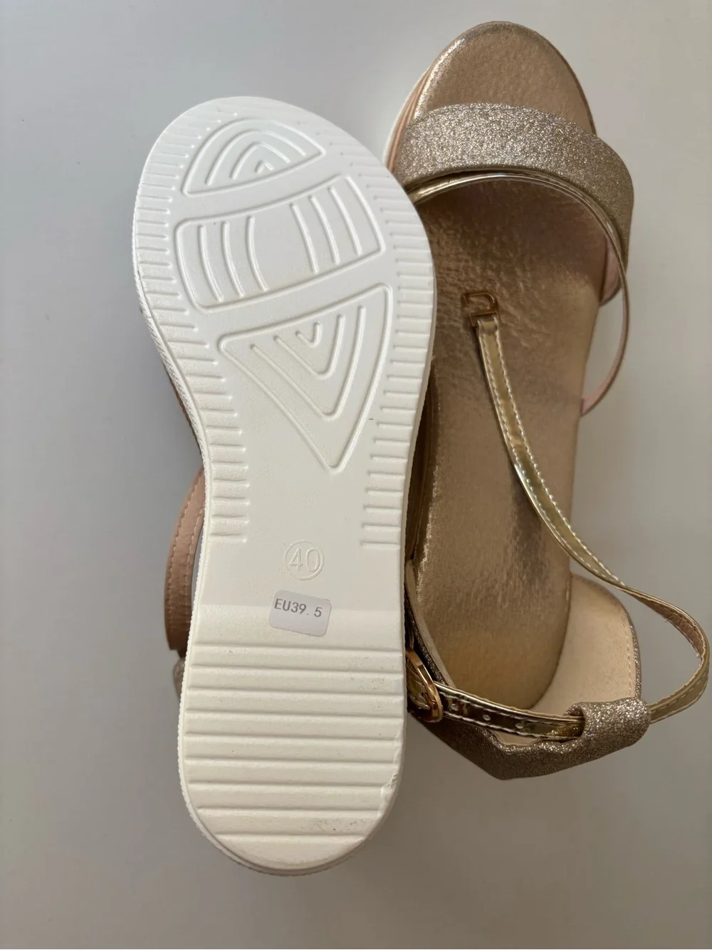 Gold Glitter and Tan Wedge Sandals with Ankle Strap